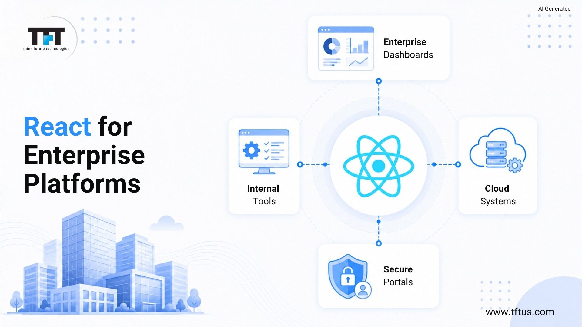 Top ReactJS Development Companies: Best Agencies for Modern Web Development 7 Illustration showing React powering enterprise software including internal business tools, secure portals, cloud platforms, and enterprise dashboards. The graphic represents scalable frontend development for large organizations.