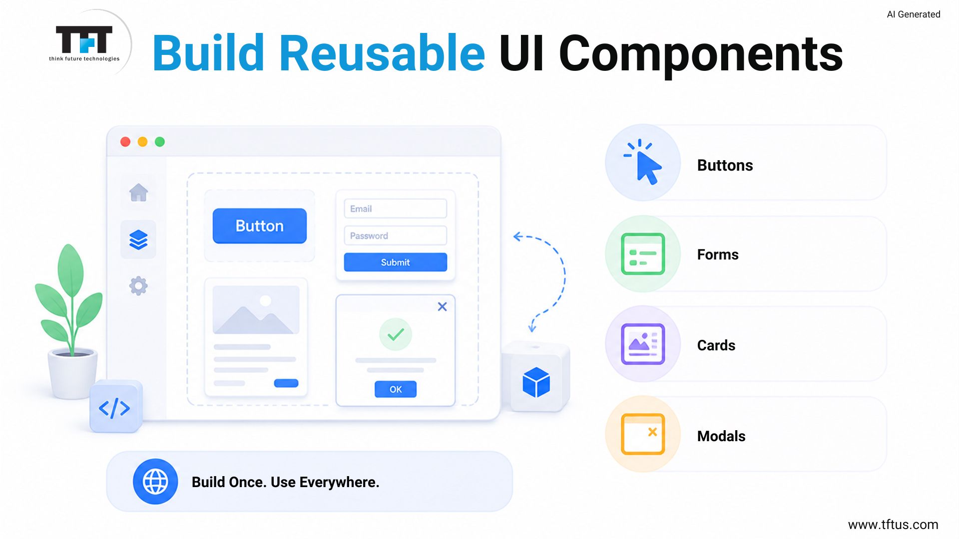 Illustration of reusable UI components including buttons, forms, cards, and modals under a "build once, use everywhere" theme
