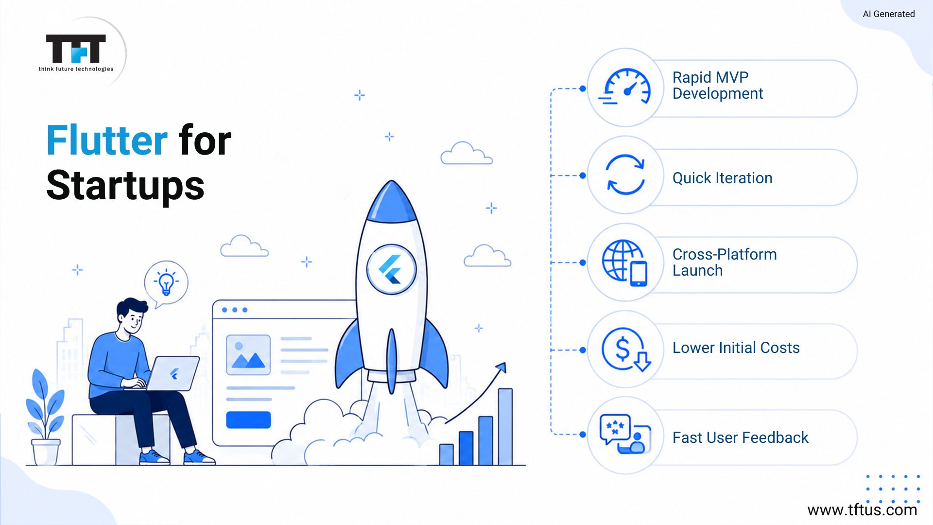 Best Flutter Development Companies: Top Agencies for High-Performance Mobile Apps 5 Illustration showing how Flutter helps startups build products faster, highlighting rapid MVP development, quick iteration, cross-platform launch, lower initial costs, and fast user feedback, with a rocket launch symbolizing business growth and product acceleration.