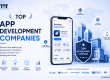 Top app development companies illustration featuring mobile app development, experienced software teams, custom application development, quality assurance, scalable solutions, and enterprise digital transformation