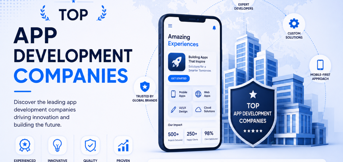 Top app development companies illustration featuring mobile app development, experienced software teams, custom application development, quality assurance, scalable solutions, and enterprise digital transformation