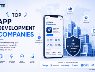 Top app development companies illustration featuring mobile app development, experienced software teams, custom application development, quality assurance, scalable solutions, and enterprise digital transformation