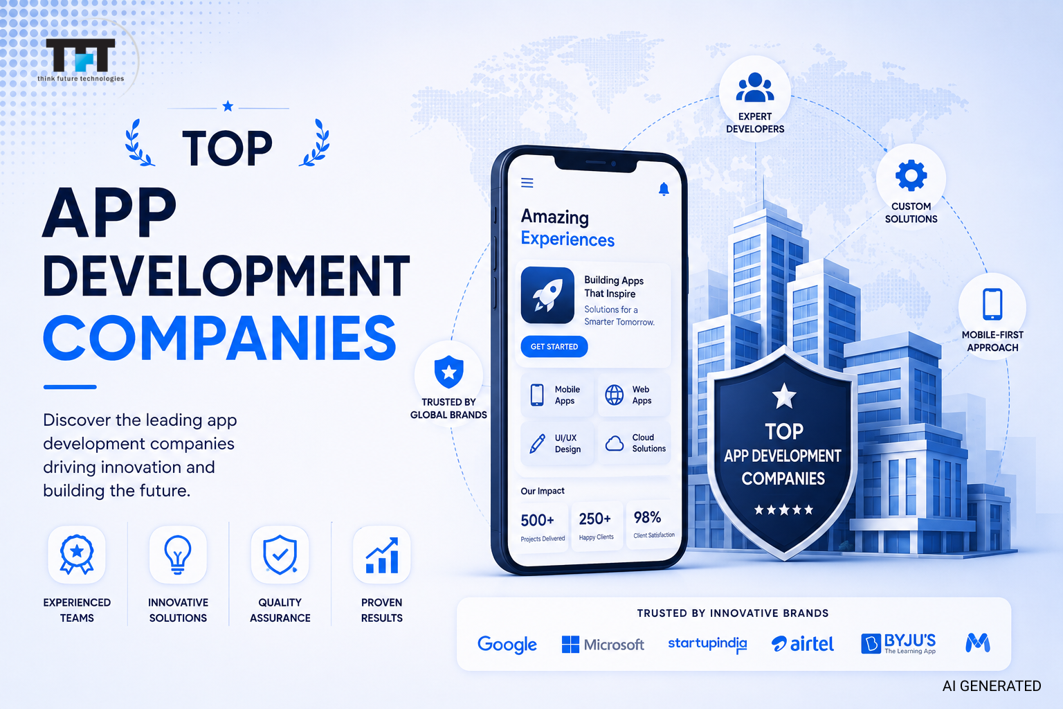 Top App Development Companies: The Best Application Developers for Your Project 1 Top app development companies illustration featuring mobile app development, experienced software teams, custom application development, quality assurance, scalable solutions, and enterprise digital transformation