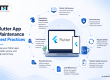Flutter app maintenance best practices infographic featuring performance monitoring, dependency management, security updates, testing, code refactoring, crash reporting, backup strategies, and regular Flutter application maintenance