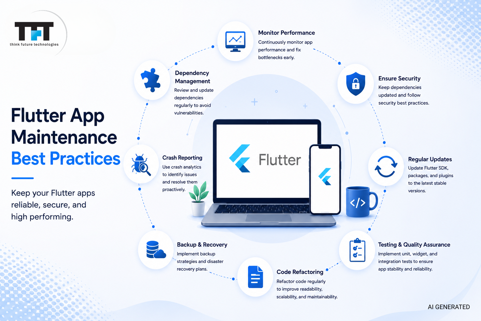Flutter App Maintenance Best Practices: How to Keep Your App Running Smoothly in 2026 1 Flutter app maintenance best practices infographic featuring performance monitoring, dependency management, security updates, testing, code refactoring, crash reporting, backup strategies, and regular Flutter application maintenance