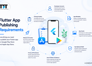 Flutter app publishing requirements infographic featuring developer accounts, app metadata, app assets, code signing, store compliance, privacy permissions, release management, and testing for Google Play Store and Apple App Store