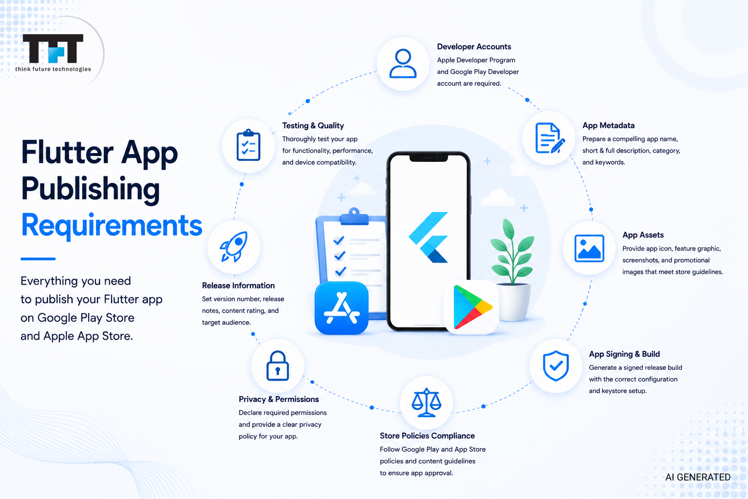 Flutter App Publishing Requirements: Complete Guide for App Store & Google Play 1 Flutter app publishing requirements infographic featuring developer accounts, app metadata, app assets, code signing, store compliance, privacy permissions, release management, and testing for Google Play Store and Apple App Store