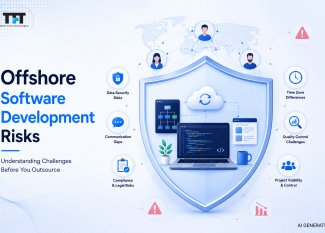 Featured image illustrating offshore software development risks. A secure software development workspace is protected by a large shield while connected to a global development network, representing key outsourcing challenges such as data security, communication gaps, compliance, time zone differences, quality control, and project visibility. The design features a clean light blue enterprise technology theme with TFT US branding