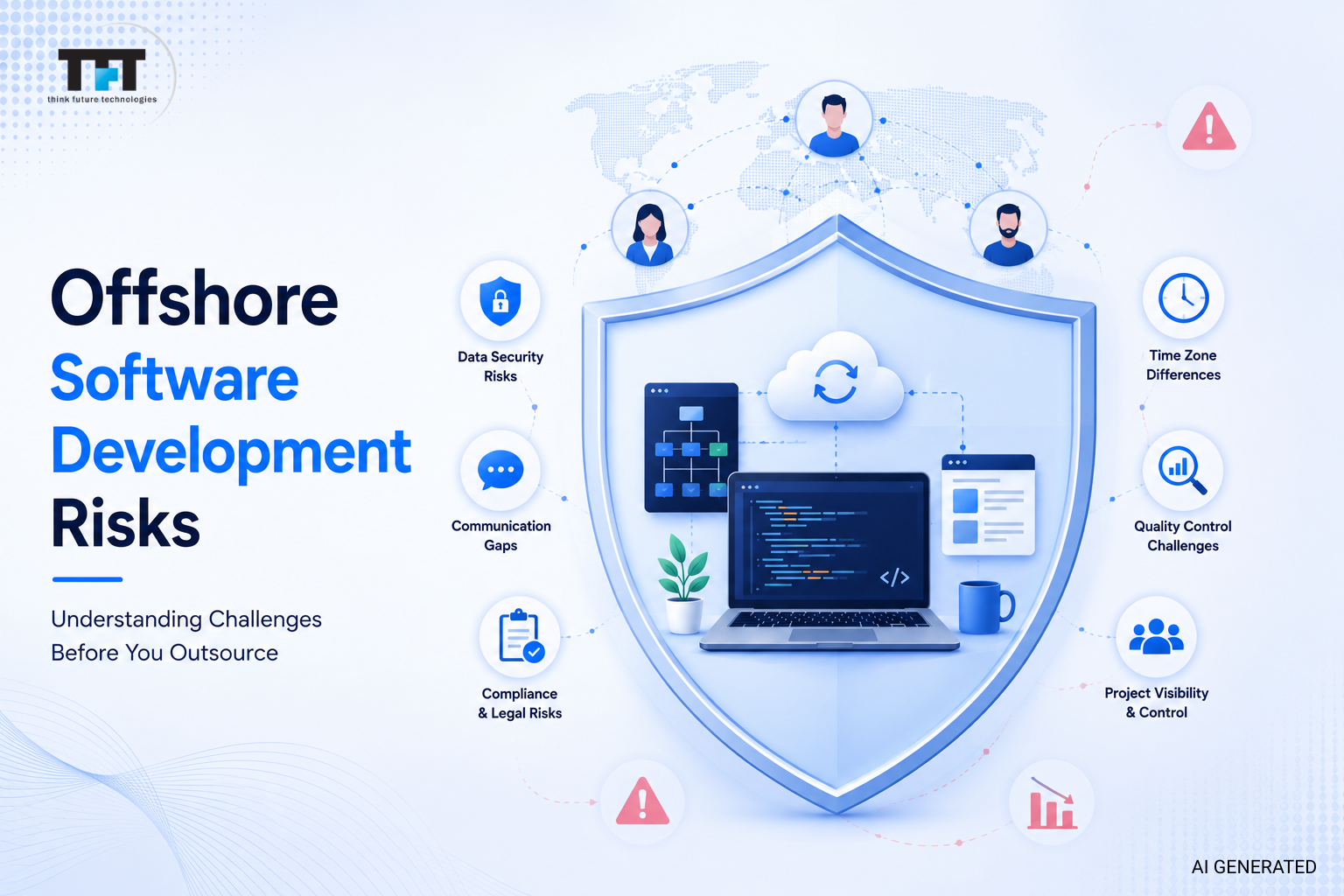 Offshore Software Development Risks: Security Challenges and Mitigation Strategies 1 Featured image illustrating offshore software development risks. A secure software development workspace is protected by a large shield while connected to a global development network, representing key outsourcing challenges such as data security, communication gaps, compliance, time zone differences, quality control, and project visibility. The design features a clean light blue enterprise technology theme with TFT US branding
