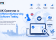 UK offshore software testing outsourcing illustration featuring global software testing partnerships, quality assurance, cost efficiency, faster time to market, scalability, and offshore QA services