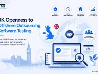 UK offshore software testing outsourcing illustration featuring global software testing partnerships, quality assurance, cost efficiency, faster time to market, scalability, and offshore QA services
