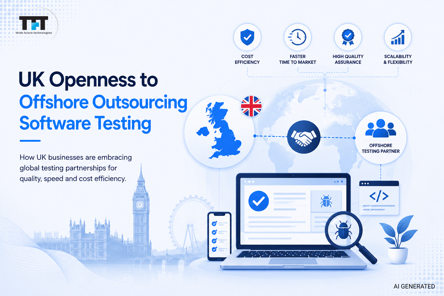 UK Openness to Offshore Outsourcing Software Testing: A Comprehensive Guide 1 UK offshore software testing outsourcing illustration featuring global software testing partnerships, quality assurance, cost efficiency, faster time to market, scalability, and offshore QA services