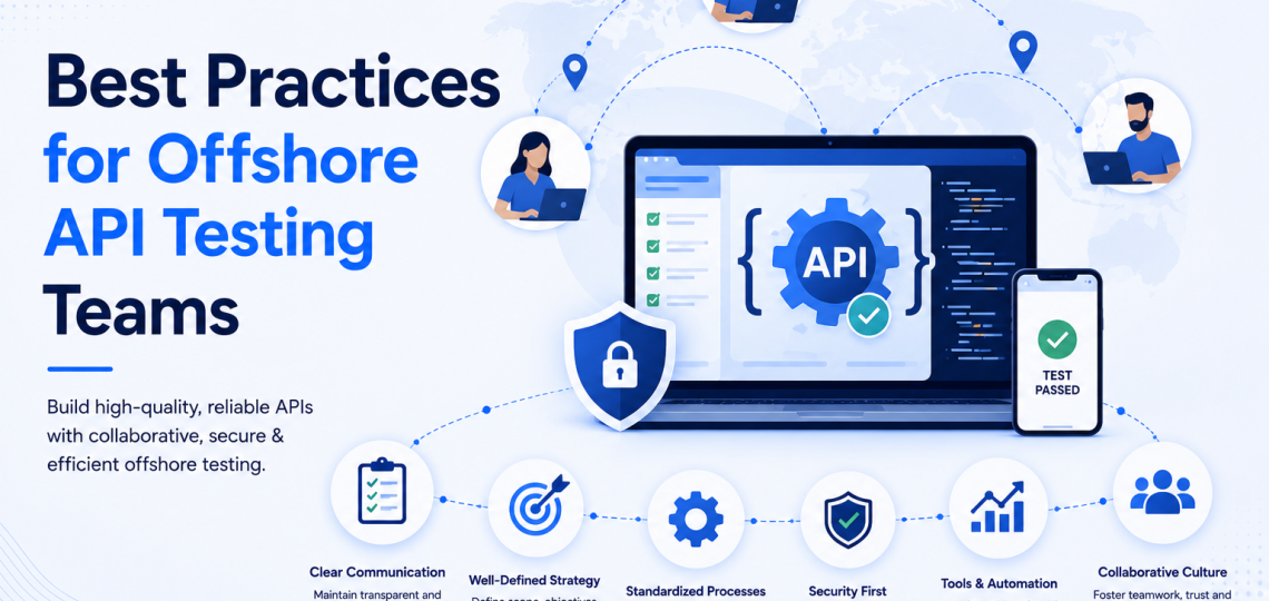 Featured image illustrating best practices for offshore API testing teams. A secure API testing workspace is connected to distributed offshore teams, highlighting best practices such as clear communication, standardized testing processes, security, automation, collaboration, and strategic planning. The design features a clean light blue enterprise technology theme with TFT US branding