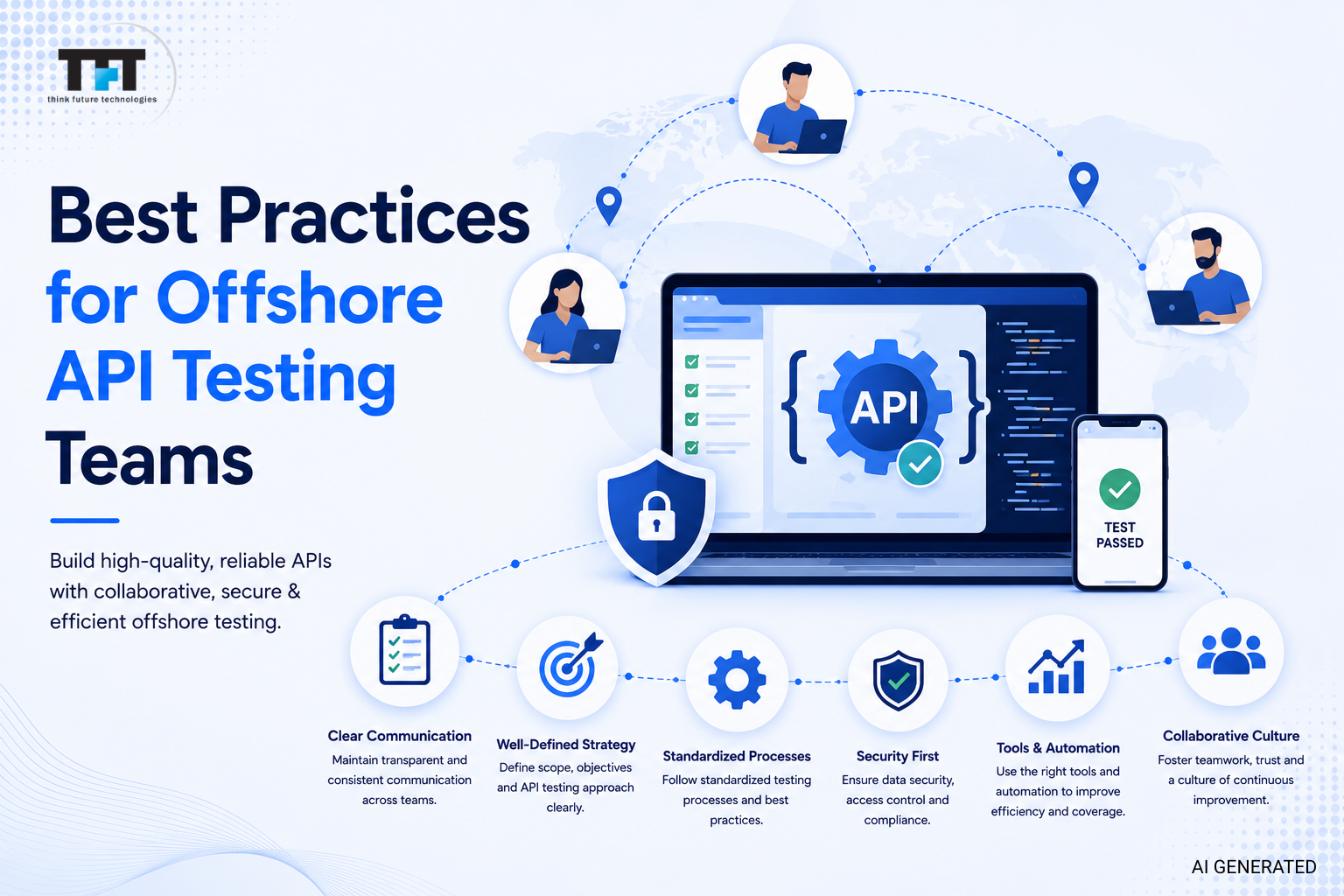 Best Practices for Offshore API Testing Teams: A Comprehensive Guide 1 Featured image illustrating best practices for offshore API testing teams. A secure API testing workspace is connected to distributed offshore teams, highlighting best practices such as clear communication, standardized testing processes, security, automation, collaboration, and strategic planning. The design features a clean light blue enterprise technology theme with TFT US branding