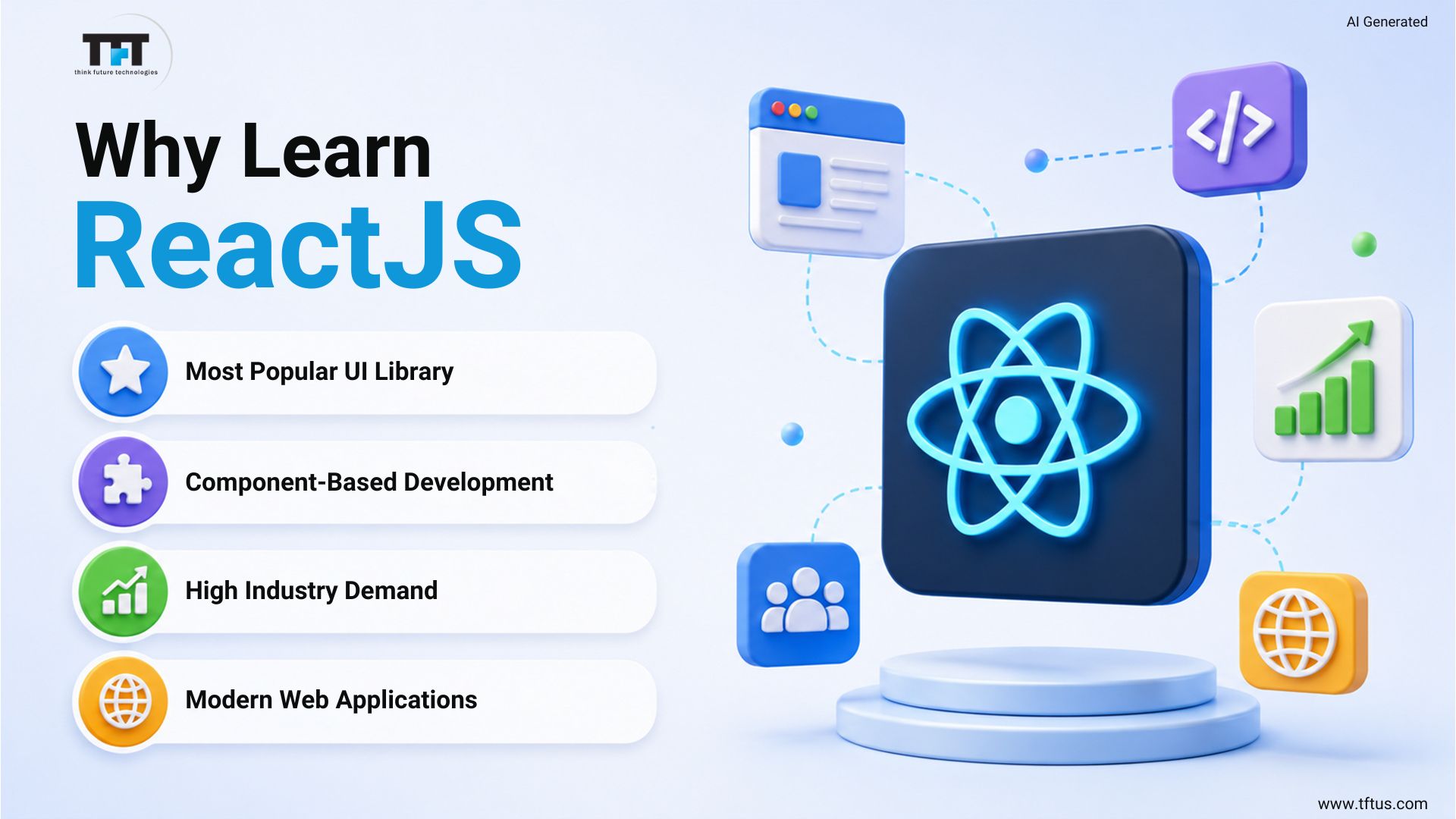 Infographic titled "How to Learn ReactJS from Scratch" outlining a beginner roadmap from basics to real projects
