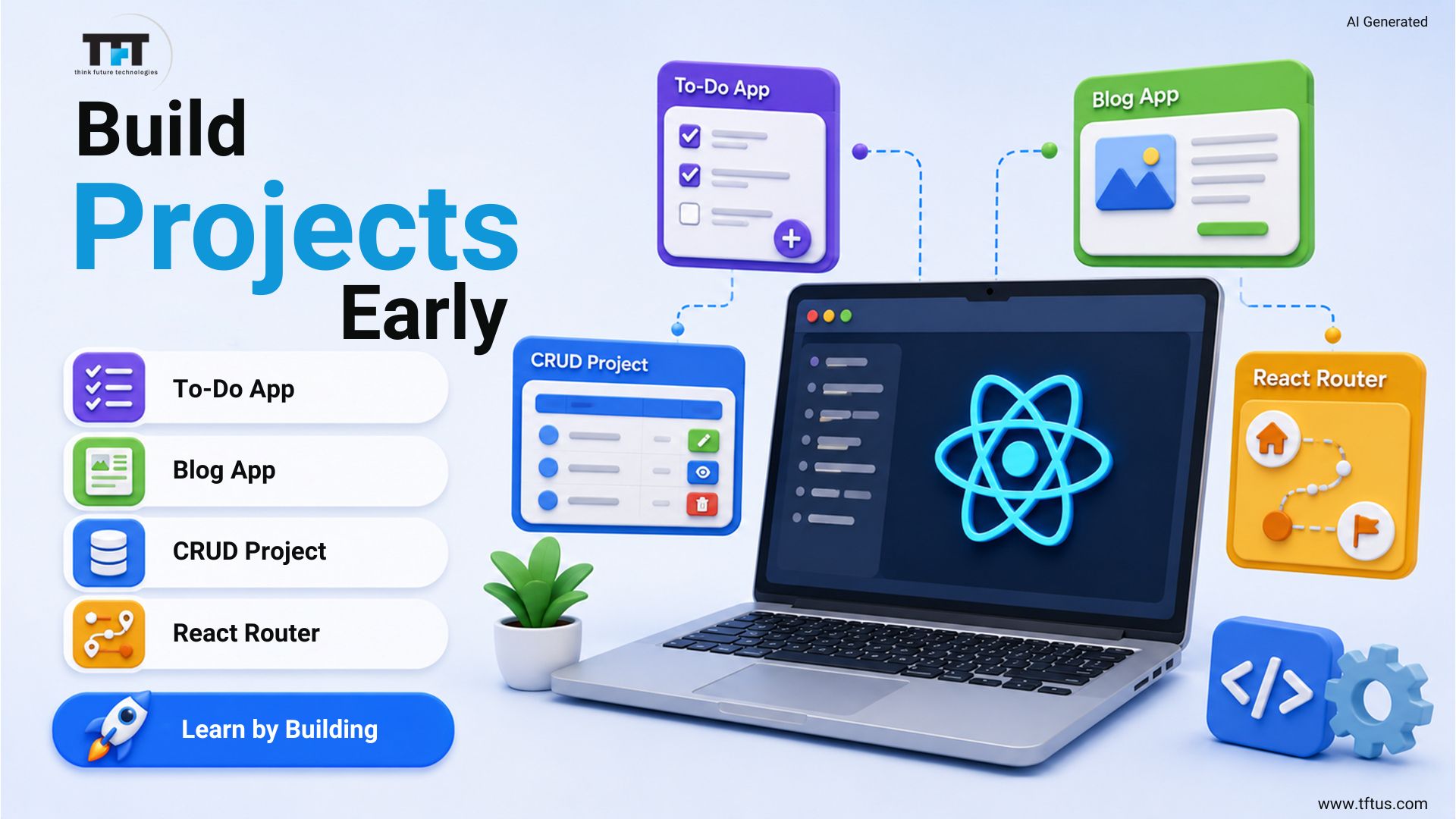 Infographic recommending early React practice projects: a to-do app, blog app, CRUD project, and React Router
