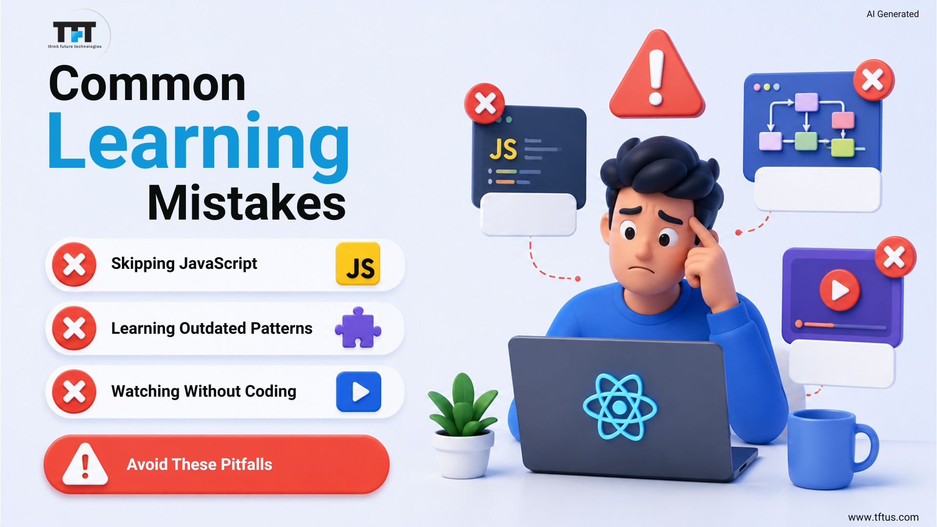 Illustration of a frustrated developer with icons listing common React learning mistakes: skipping JavaScript, learning outdated patterns, and watching tutorials without coding
