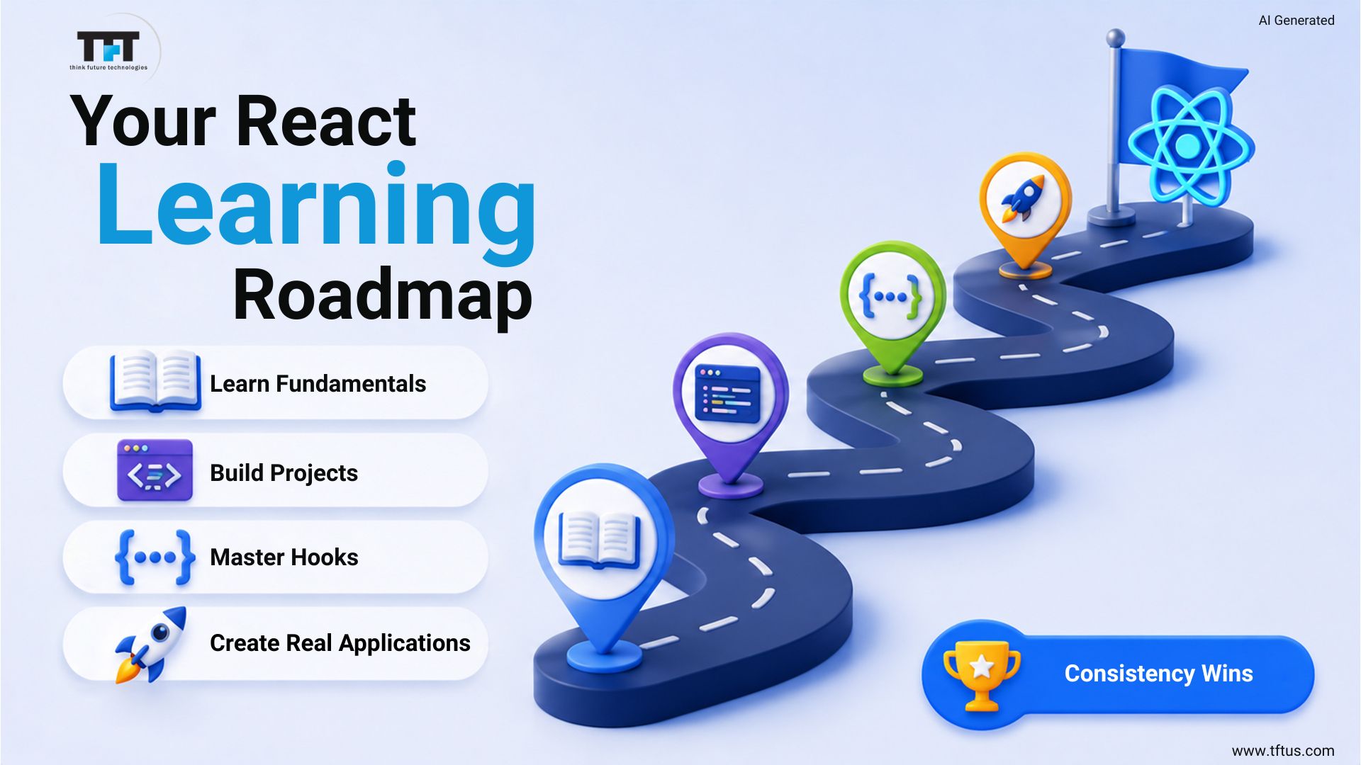 Roadmap graphic for learning React: learn fundamentals, build projects, master hooks, and create real applications
