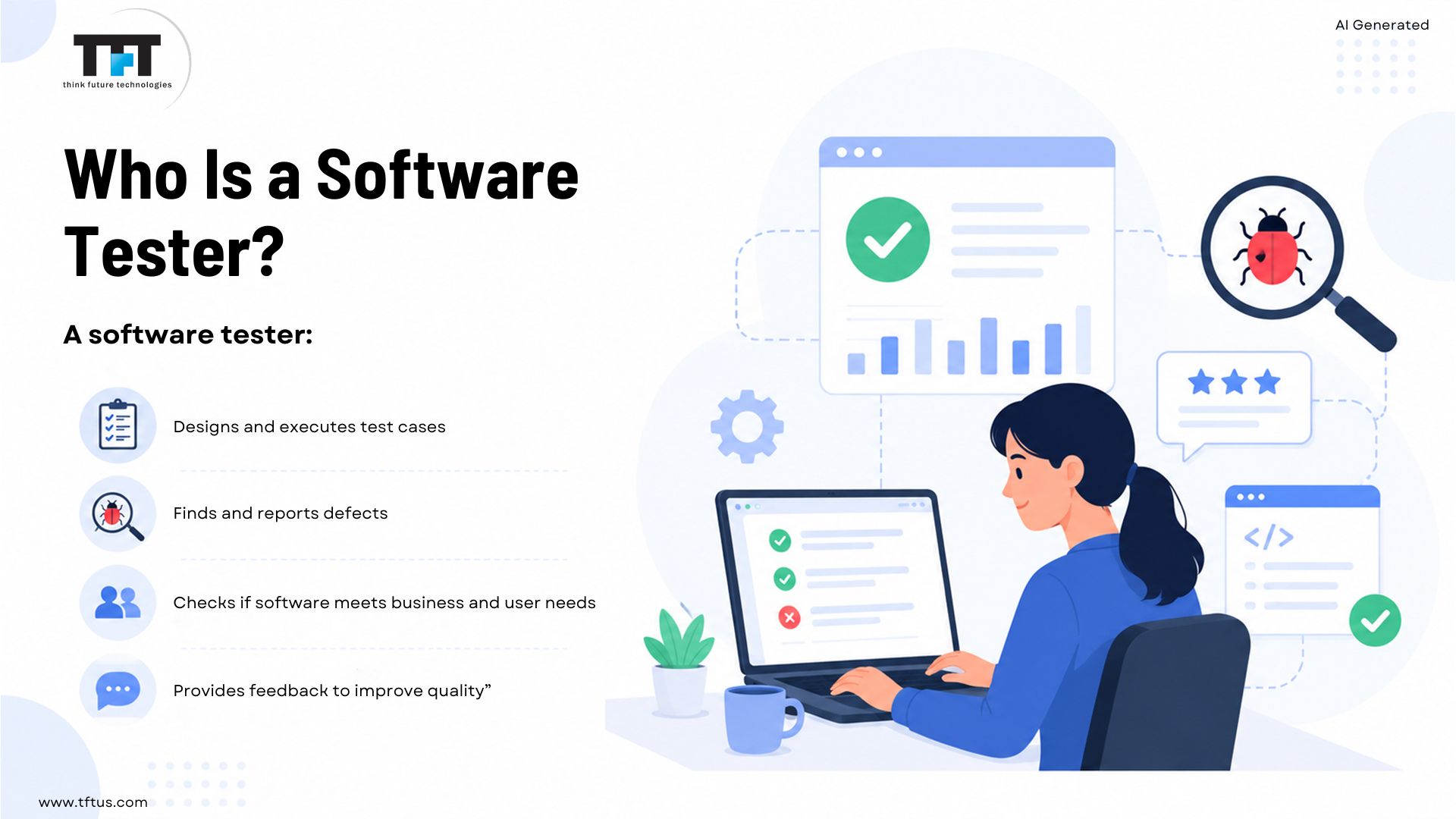 What Does a Software Tester Do? Roles, Responsibilities & Skills 2 Software tester designing and executing test cases, finding defects, checking business and user requirements, and providing quality feedback.