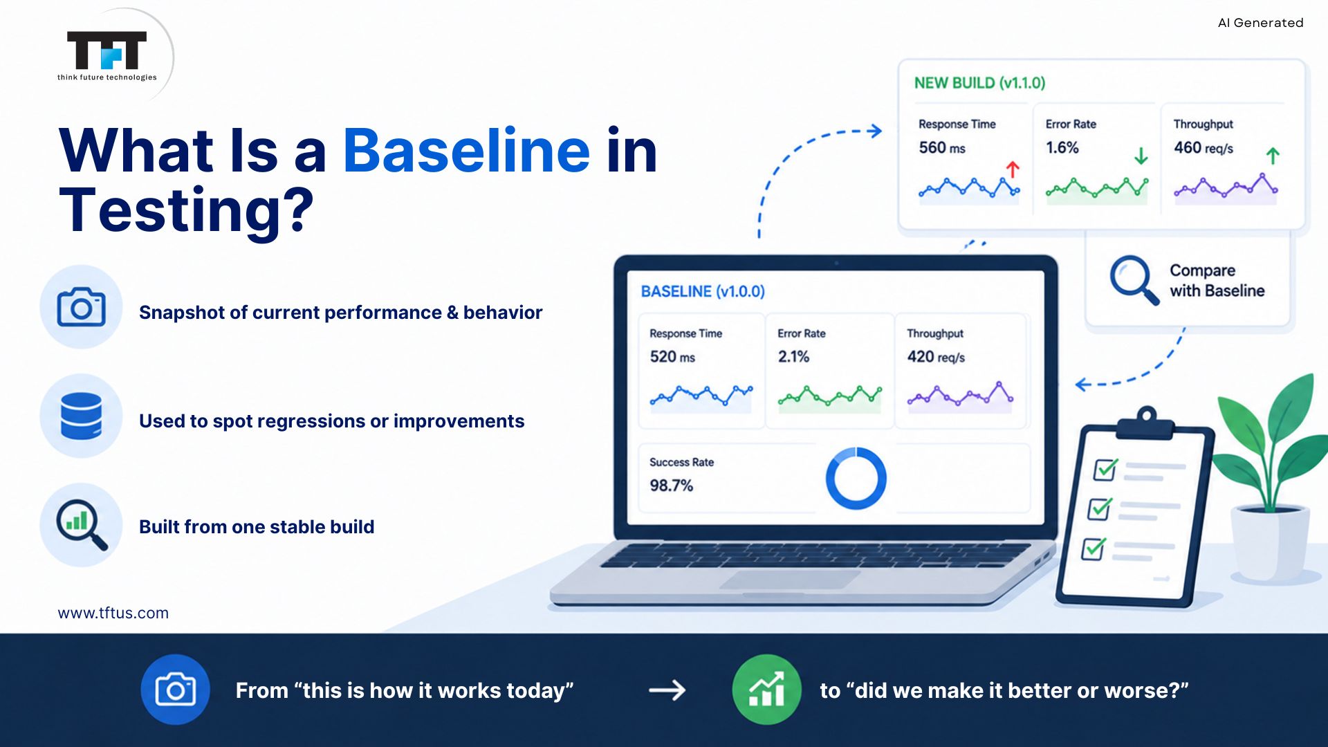 What Is Baseline in Software Testing? Definition, Types & Examples 2 Software testing baseline showing a stable snapshot of performance and behavior used to identify regressions and improvements.