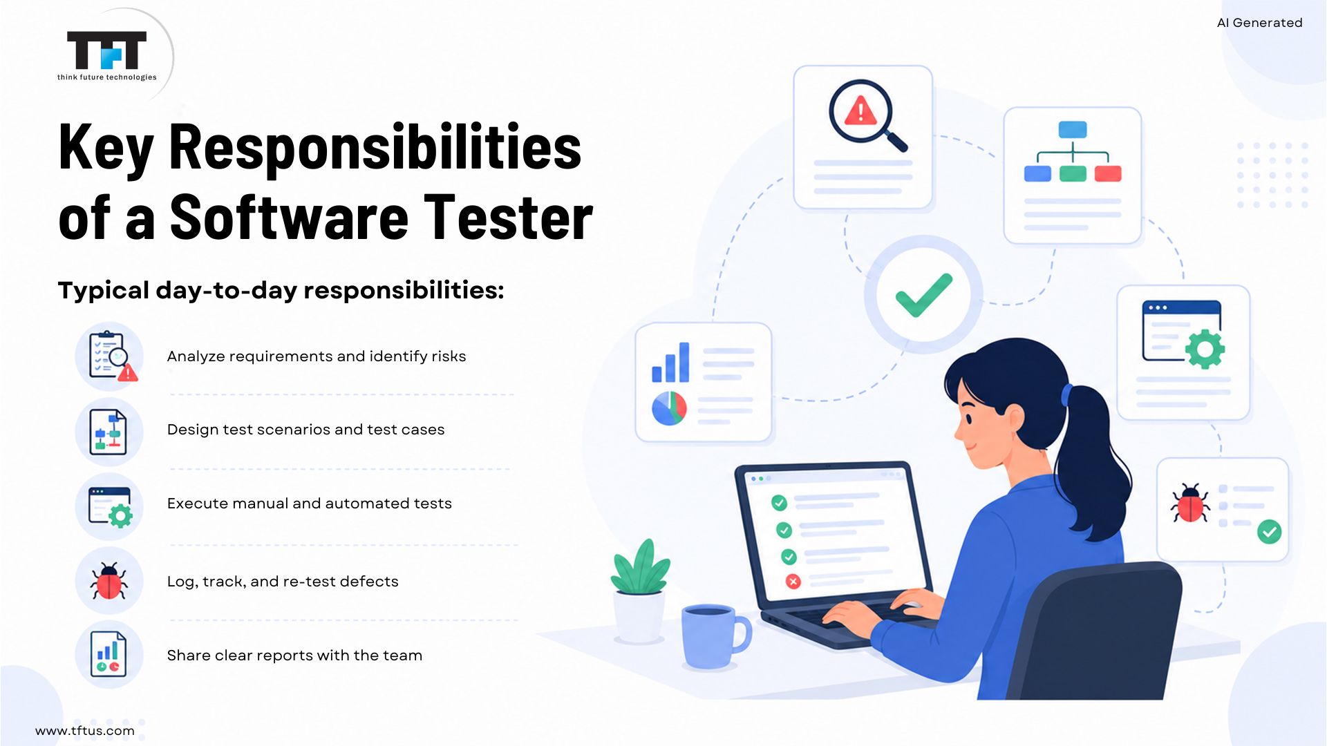 What Does a Software Tester Do? Roles, Responsibilities & Skills 3 Software tester analyzing requirements, designing test cases, executing manual and automated tests, tracking defects, and reporting results.