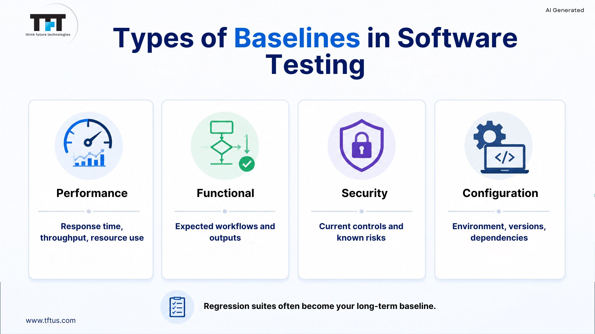 What Is Baseline in Software Testing? Definition, Types & Examples 3 Types of software testing baselines, including performance, functional, security, and configuration baselines.