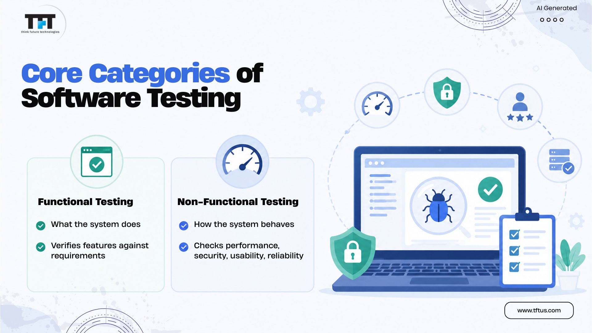 How Many Types of Testing in Software Testing? Complete List & Guide 3 Core categories of software testing showing functional testing and non-functional testing for performance, security, usability, and reliability.