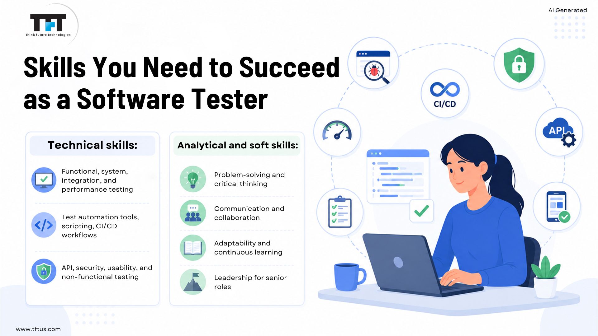 What Does a Software Tester Do? Roles, Responsibilities & Skills 6 Technical and soft skills needed for software testers, including testing methods, automation, CI/CD, security, problem-solving, communication, and continuous learning.
