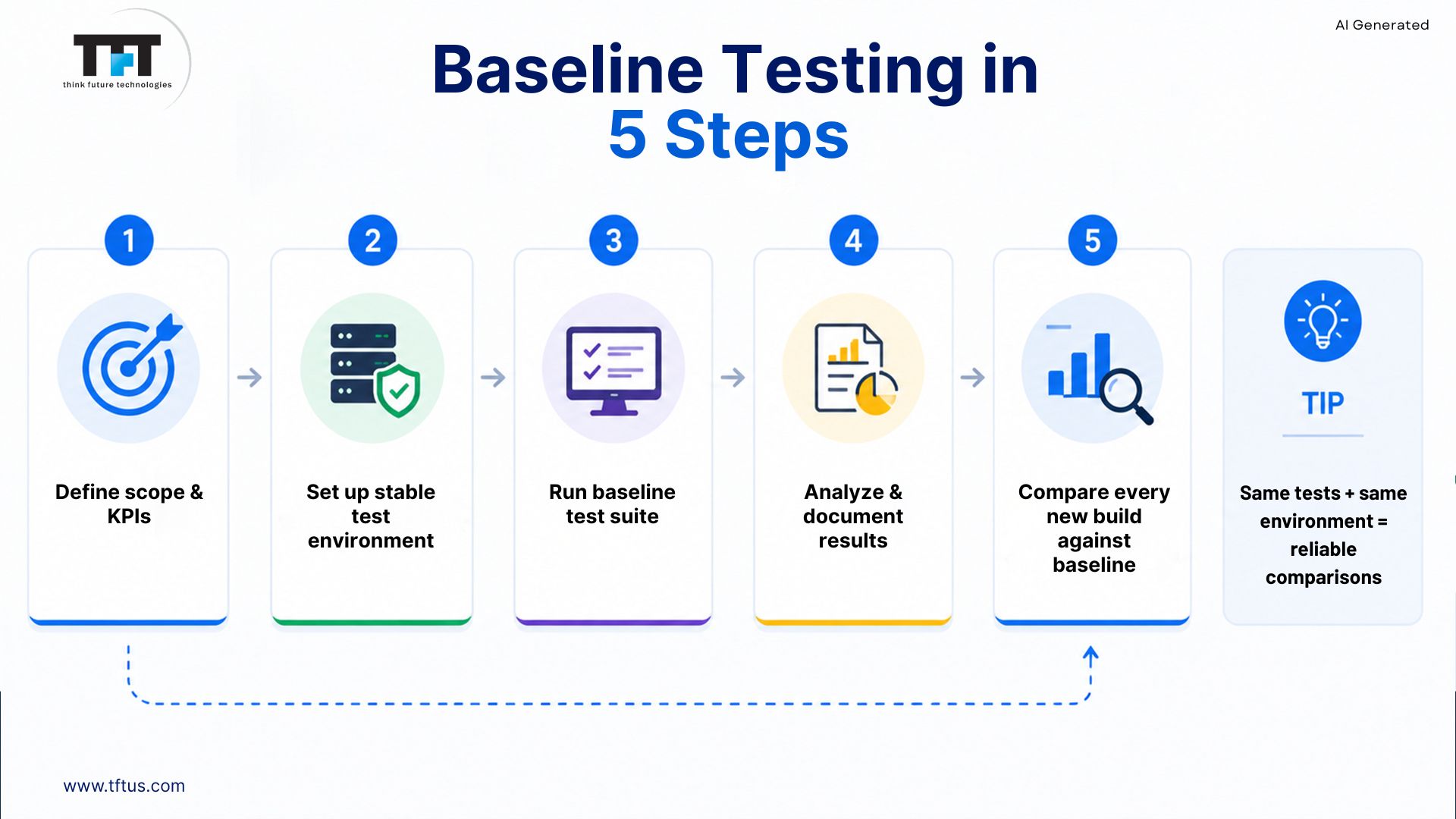 What Is Baseline in Software Testing? Definition, Types & Examples 4 Five-step baseline testing process covering scope definition, test environment setup, baseline testing, results analysis, and comparison.