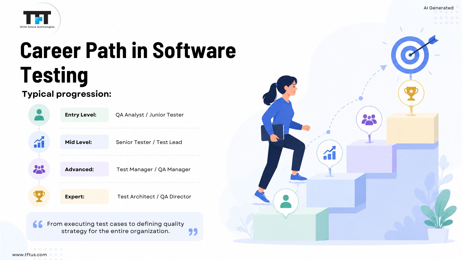 What Does a Software Tester Do? Roles, Responsibilities & Skills 5 Software testing career path from QA analyst and junior tester to senior tester, test lead, QA manager, test architect, and QA director.