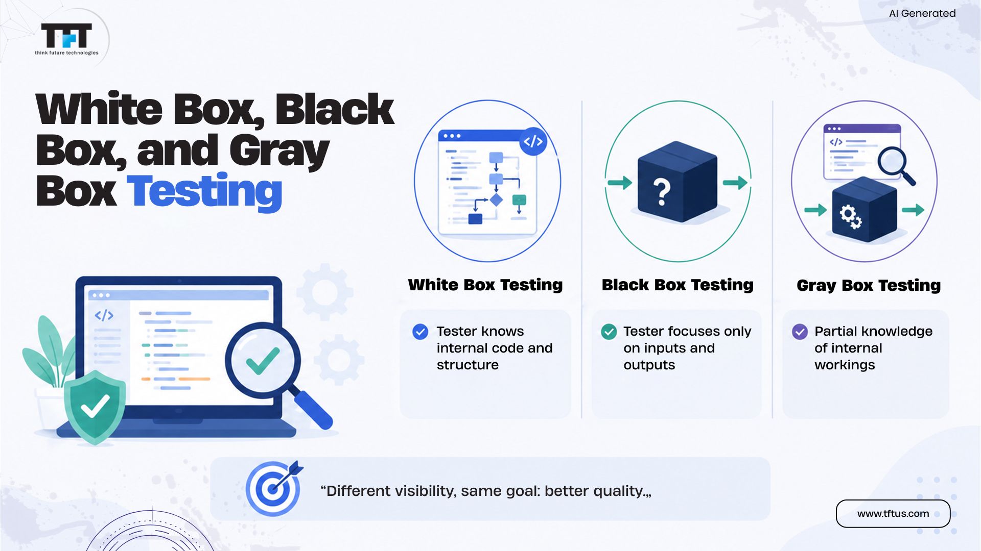 How Many Types of Testing in Software Testing? Complete List & Guide 5 White box, black box, and gray box testing compared based on the tester’s knowledge of the software’s internal workings