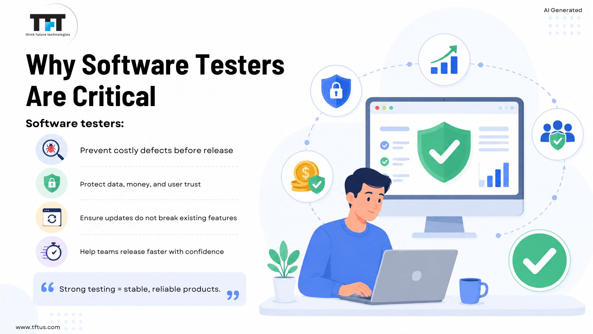 What Does a Software Tester Do? Roles, Responsibilities & Skills 4 Software testers preventing defects, protecting data and user trust, maintaining existing features, and helping teams release reliable software with confidence.