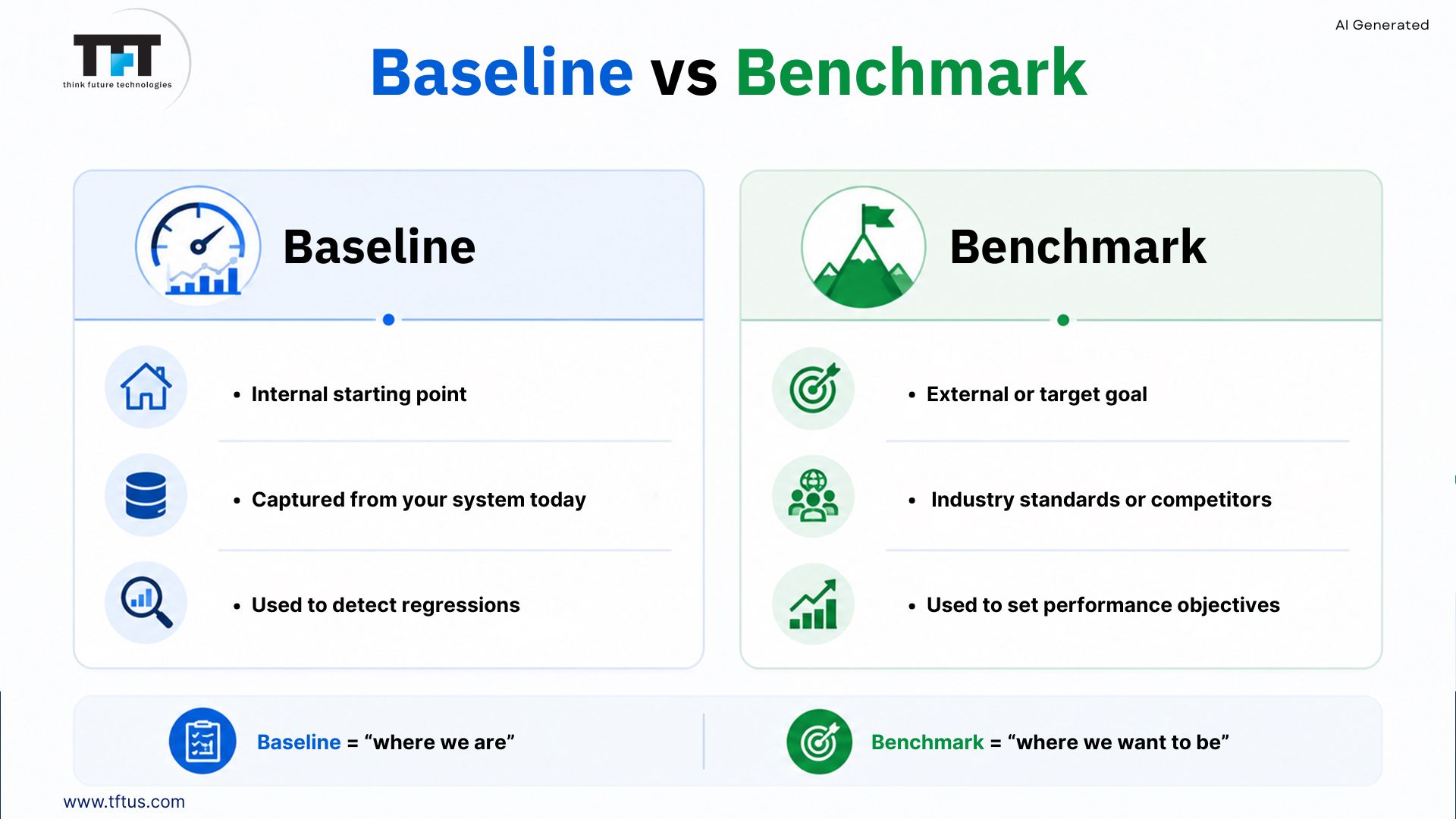What Is Baseline in Software Testing? Definition, Types & Examples 6 Comparison of software testing baselines and benchmarks, showing internal starting points versus external performance goals.