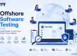 Offshore software testing illustration featuring global QA teams, software quality assurance, cost efficiency, secure testing, scalability, faster delivery, and distributed software testing services