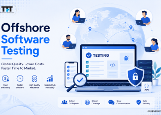 Offshore software testing illustration featuring global QA teams, software quality assurance, cost efficiency, secure testing, scalability, faster delivery, and distributed software testing services