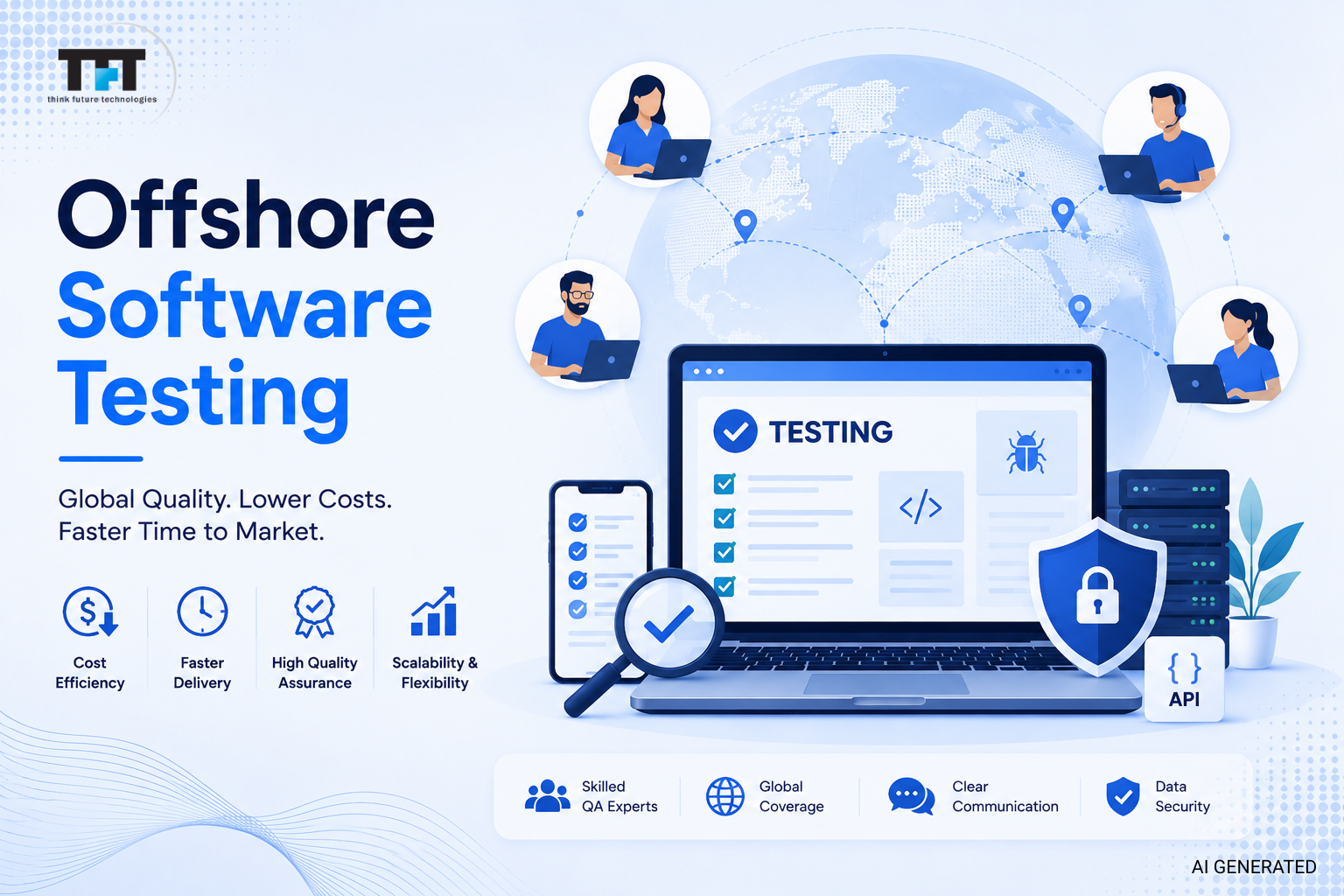 Offshore Software Testing: Complete Guide to Quality Assurance Services 1 Offshore software testing illustration featuring global QA teams, software quality assurance, cost efficiency, secure testing, scalability, faster delivery, and distributed software testing services