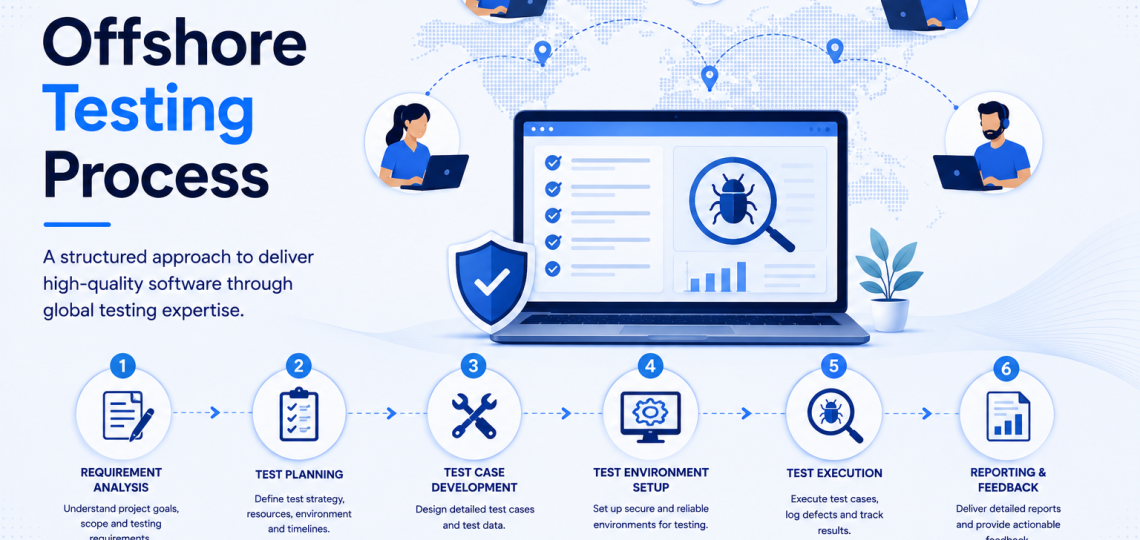 Offshore software testing process infographic featuring requirement analysis, test planning, test case development, test environment setup, test execution, reporting, and global QA collaboration
