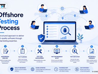Offshore software testing process infographic featuring requirement analysis, test planning, test case development, test environment setup, test execution, reporting, and global QA collaboration