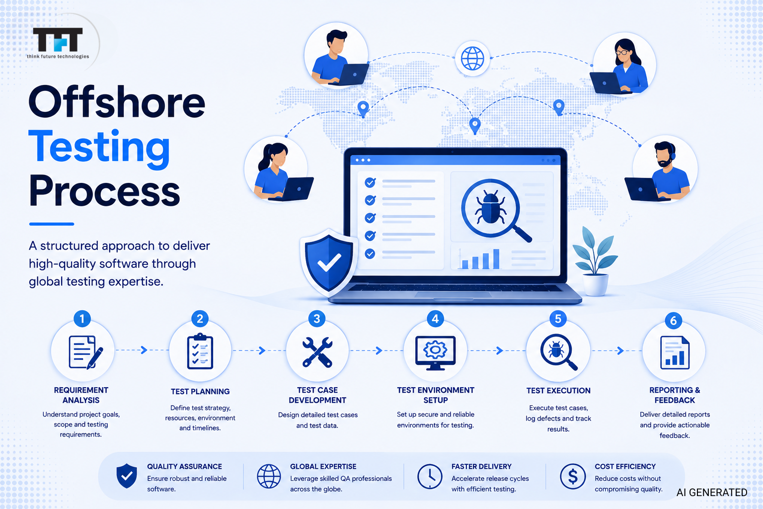 Understanding the Offshore Testing Process: A Complete Guide 1 Offshore software testing process infographic featuring requirement analysis, test planning, test case development, test environment setup, test execution, reporting, and global QA collaboration