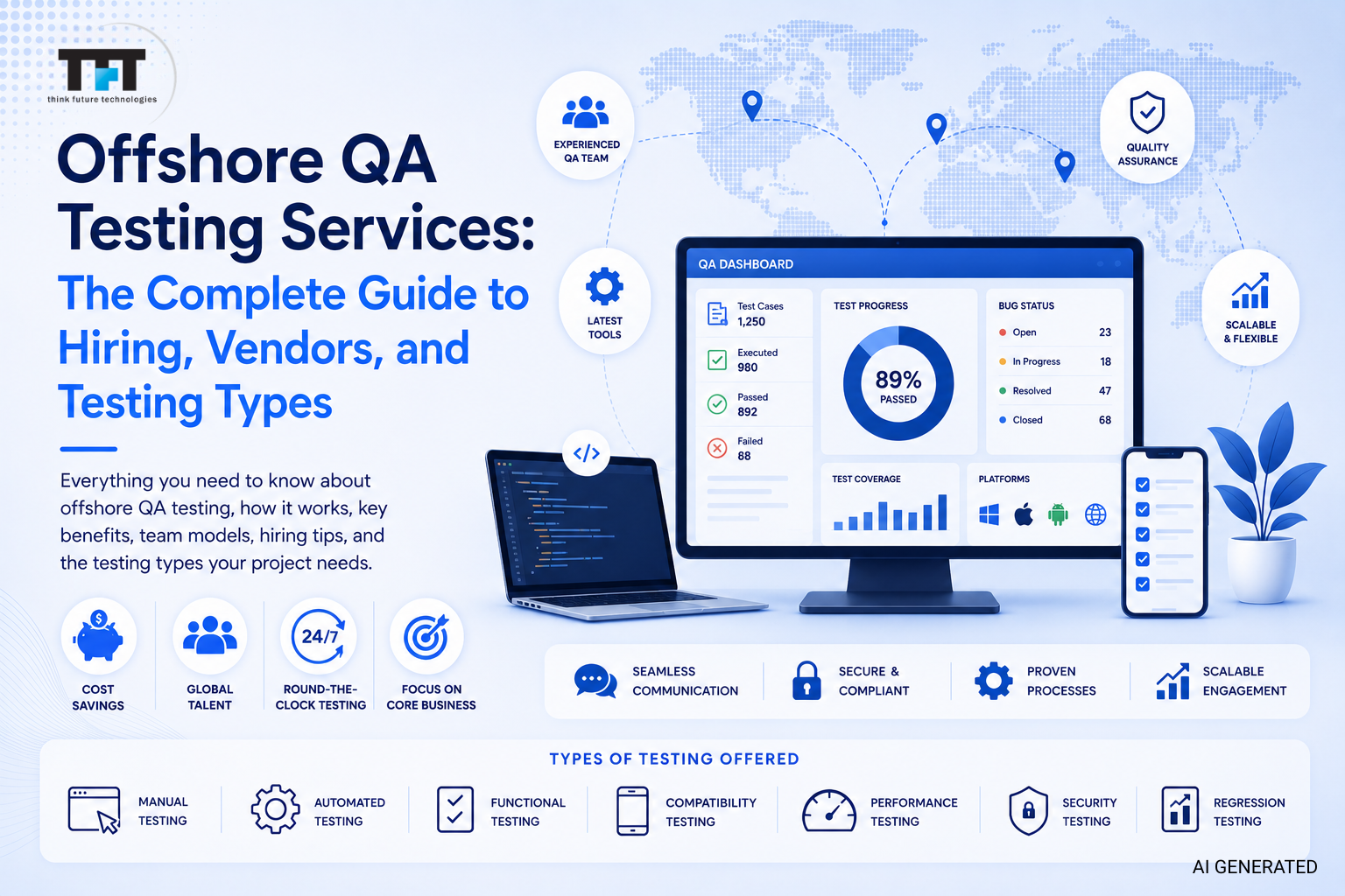 Offshore QA Testing Services: The Complete Guide to Hiring, Vendors, and Testing Types 1 Offshore QA testing services illustration featuring global QA teams, software testing workflows, manual and automated testing, quality assurance, cost savings, secure collaboration, and scalable offshore testing solutions