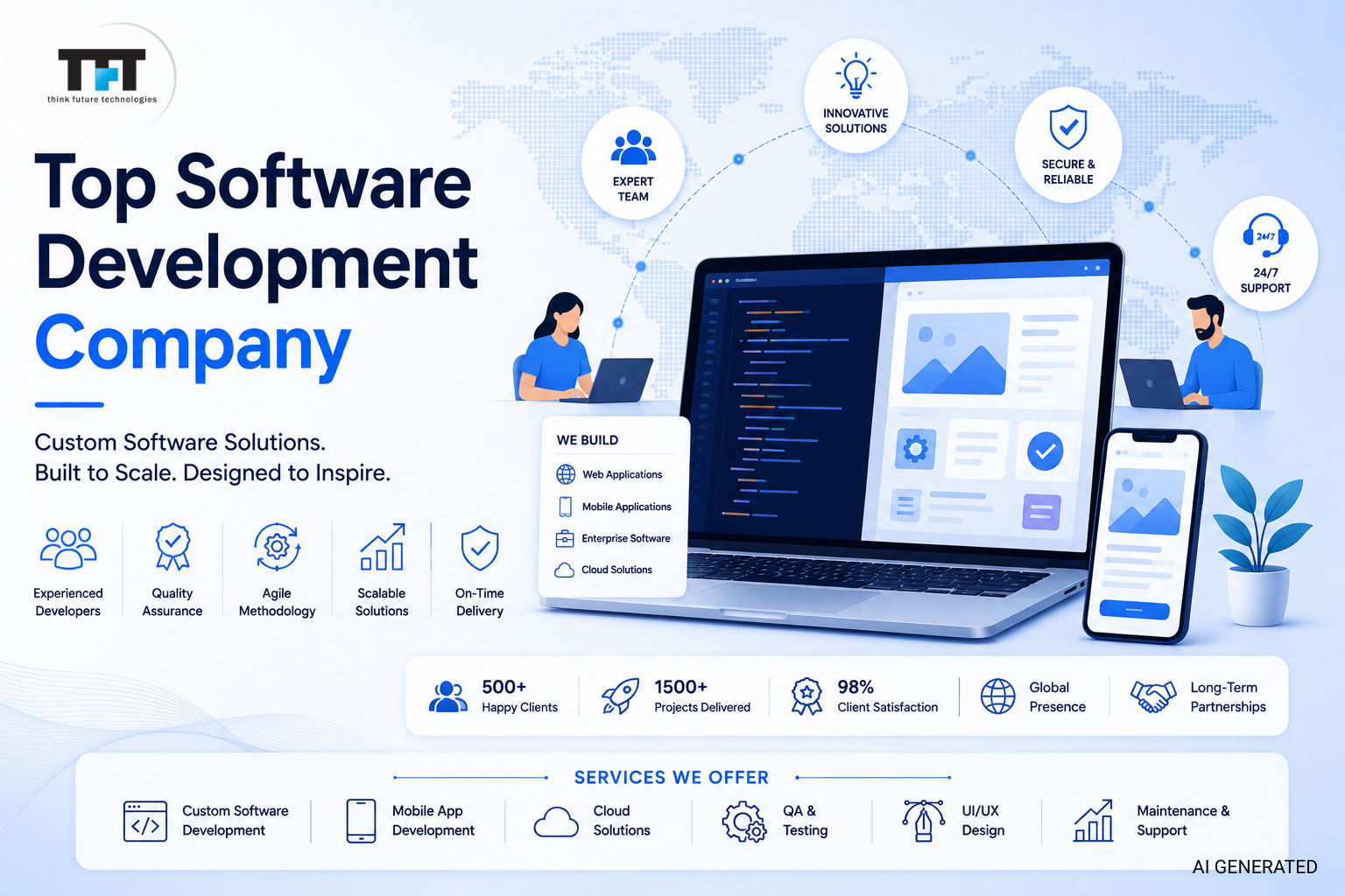 How to Choose the Top Software Development Company for Your Business in 2026 1 Top software development company illustration featuring custom software development, mobile app development, cloud solutions, QA testing, enterprise software, experienced developers, and scalable digital transformation services