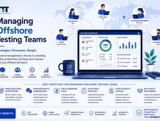 Managing offshore testing teams illustration featuring QA team management, communication, collaboration tools, quality processes, productivity, global talent, and scalable offshore testing with TFT US branding