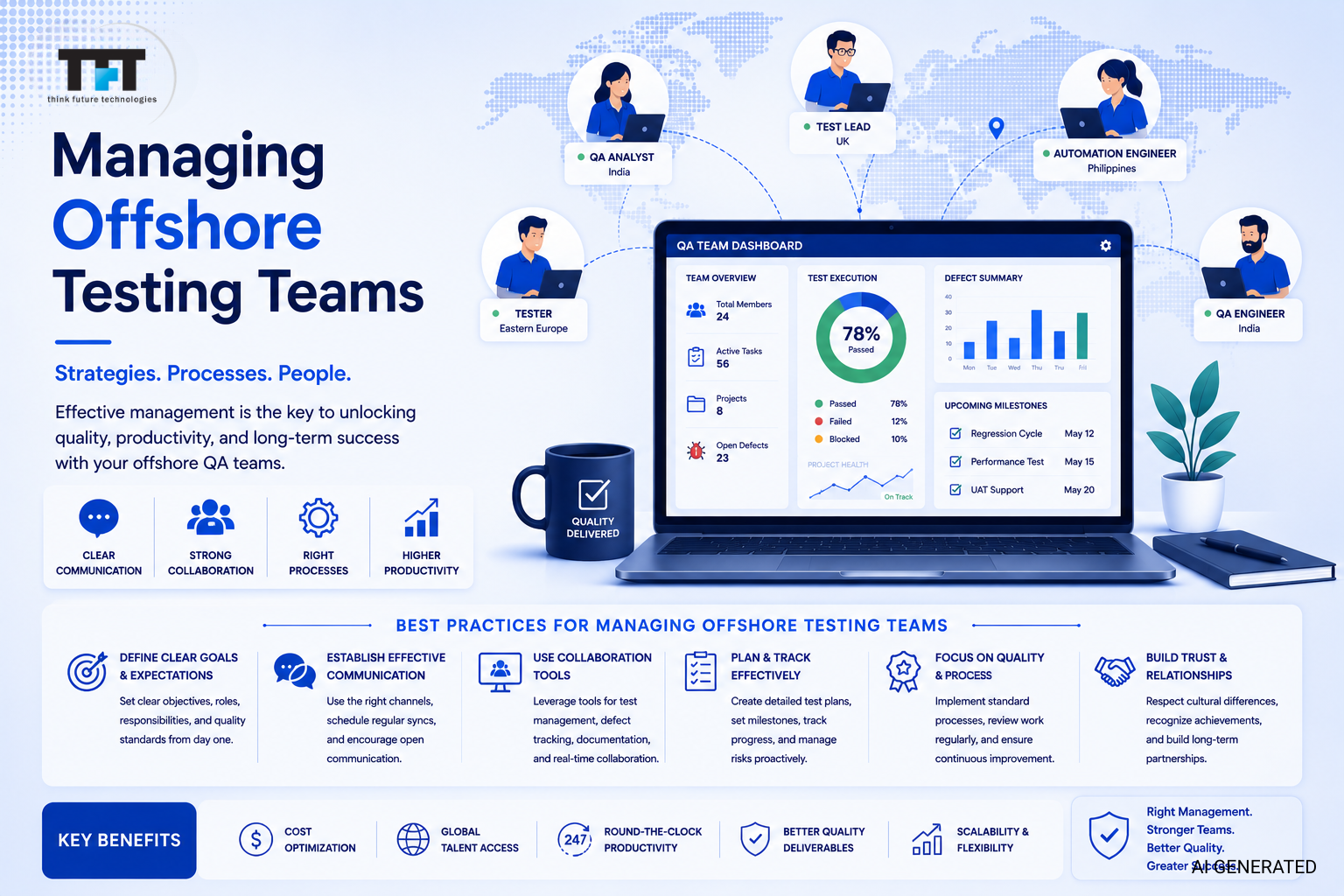 Managing Offshore Testing Teams: A Complete Guide to Success 1 Managing offshore testing teams illustration featuring QA team management, communication, collaboration tools, quality processes, productivity, global talent, and scalable offshore testing with TFT US branding