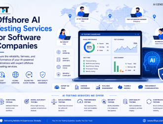Offshore AI testing services for software companies featuring AI model accuracy testing, bias and fairness testing, performance testing, security testing, data quality, and continuous AI testing with TFT US branding