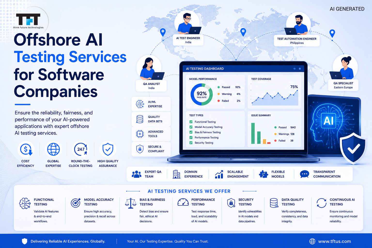 Offshore AI Testing Services for Software Companies: Comprehensive Quality Assurance Solutions 1 Offshore AI testing services for software companies featuring AI model accuracy testing, bias and fairness testing, performance testing, security testing, data quality, and continuous AI testing with TFT US branding
