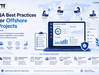 QA best practices for offshore projects featuring communication, requirements planning, test case design, collaboration, automation tools, early testing, and continuous QA improvement with TFT US branding