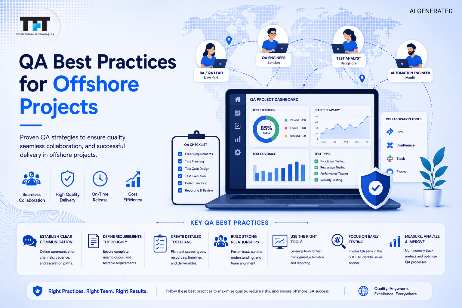 QA Best Practices for Offshore Projects: Proven Strategies for Success 1 QA best practices for offshore projects featuring communication, requirements planning, test case design, collaboration, automation tools, early testing, and continuous QA improvement with TFT US branding