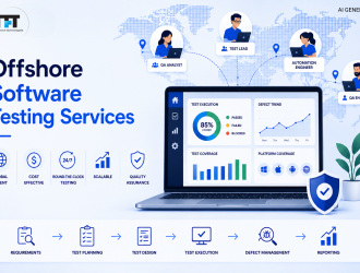 Offshore software testing services illustration showing global QA teams, software testing dashboards, quality assurance, round-the-clock testing, scalability, and a structured testing workflow with TFT US branding