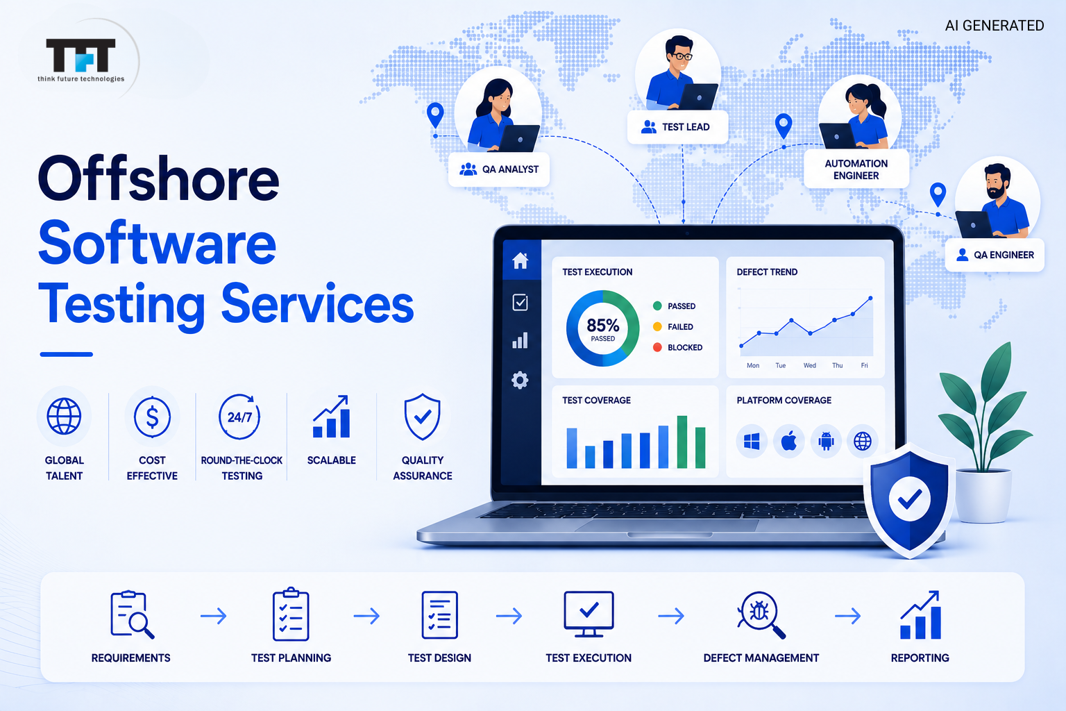 Offshore software testing services illustration showing global QA teams, software testing dashboards, quality assurance, round-the-clock testing, scalability, and a structured testing workflow with TFT US branding