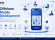 Offshore mobile development services illustration showing a mobile app, global development team, Android and iOS platforms, scalable solutions, quality assurance, deployment, and ongoing support with TFT US branding